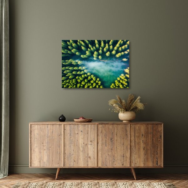 Tablou pe sticlă - O pădure învăluită în ceață (70x50 cm)