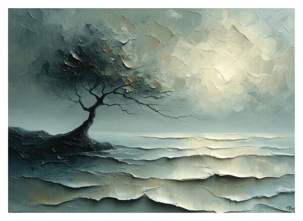 Tablou pe sticlă - pictură în ulei de un copac cu oceanul (70x50 cm)