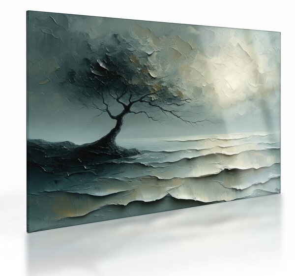 Tablou pe sticlă - pictură în ulei de un copac cu oceanul (70x50 cm)