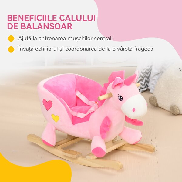 HOMCOM Calut Balansoar, Unicorn Balansoar din Pluș cu Bază din Lemn și Centură de Siguranță pentru Copii, 65x35x45 cm, Roz | Aosom Romania