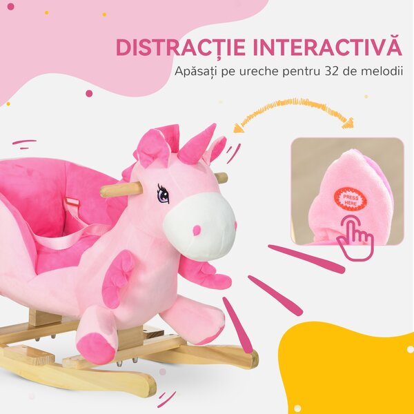 HOMCOM Calut Balansoar, Unicorn Balansoar din Pluș cu Bază din Lemn și Centură de Siguranță pentru Copii, 65x35x45 cm, Roz | Aosom Romania