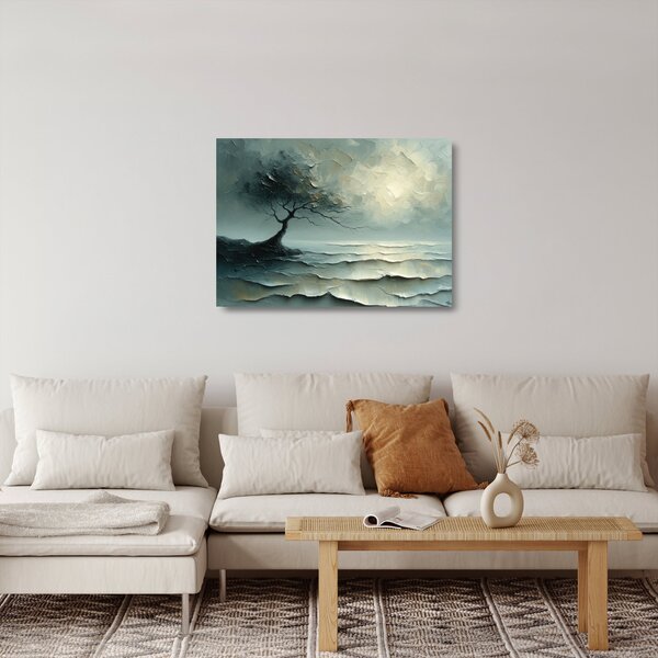 Tablou pe sticlă - pictură în ulei de un copac cu oceanul (70x50 cm)