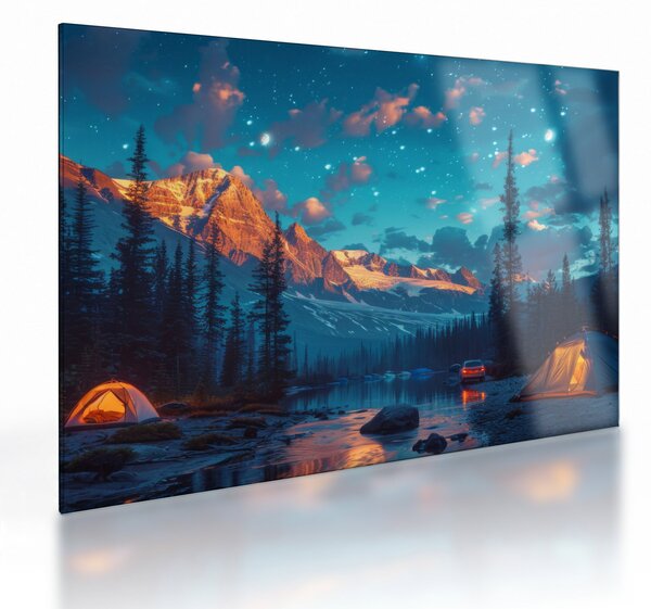 Tablou pe sticlă - Camping în munți (70x50 cm)