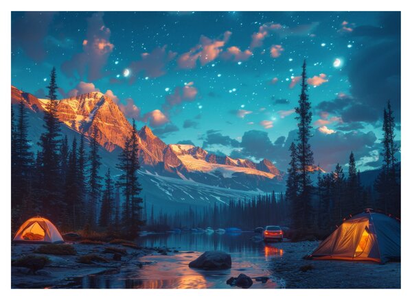 Tablou pe sticlă - Camping în munți (70x50 cm)