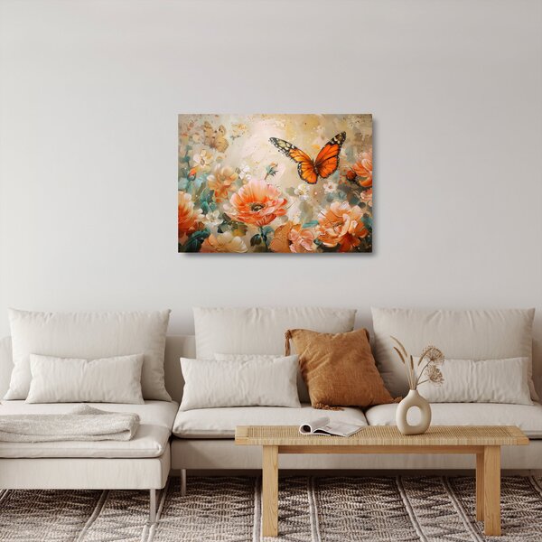 Tablou pe sticlă - Fluture și flori, pictură în ulei (70x50 cm)