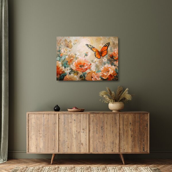 Tablou pe sticlă - Fluture și flori, pictură în ulei (70x50 cm)