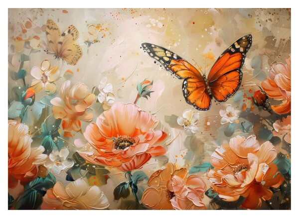 Tablou pe sticlă - Fluture și flori, pictură în ulei (70x50 cm)
