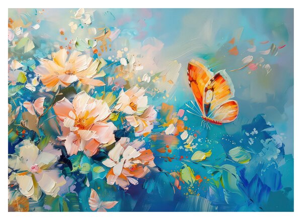 Tablou pe sticlă - Fluture și flori, pictură în ulei II. (70x50 cm)