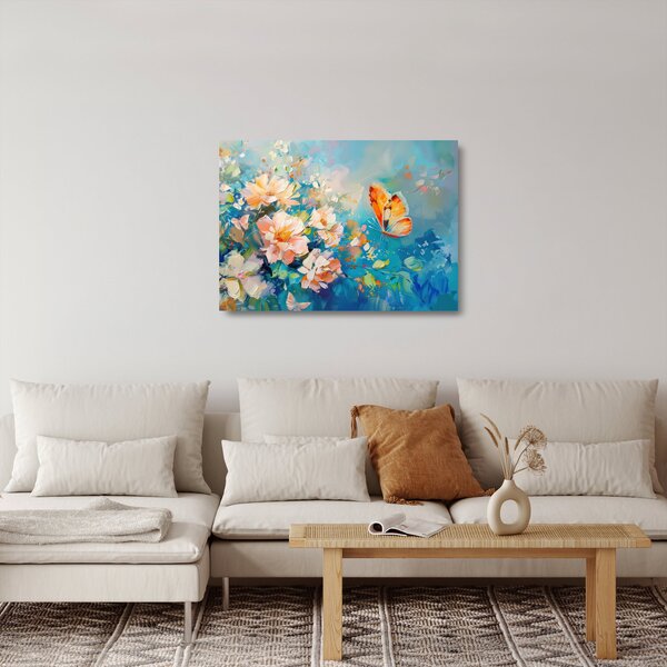 Tablou pe sticlă - Fluture și flori, pictură în ulei II. (70x50 cm)