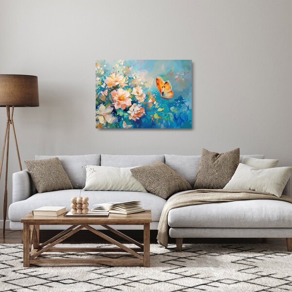 Tablou pe sticlă - Fluture și flori, pictură în ulei II. (70x50 cm)