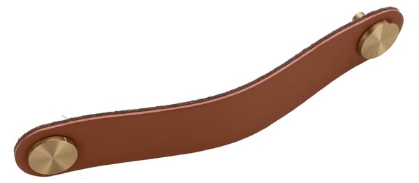 Maner piele cu insertii metalice pentru mobilier, model Pangu, distanta dintre gauri = 128 mm, finisaj negru/alama periata | maro/alama periata
