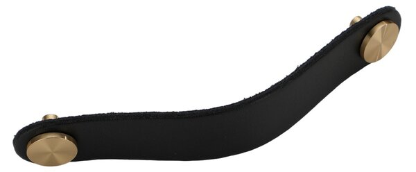 Maner piele cu insertii metalice pentru mobilier, model Pangu, distanta dintre gauri = 128 mm, finisaj negru/alama periata | maro/alama periata