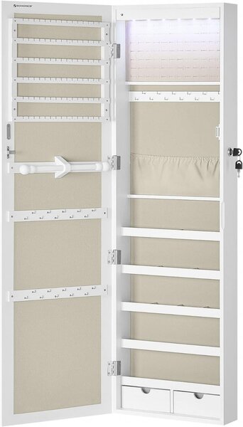 Dulap pentru bijuterii cu oglinda Model Herring, Alb/Bej, 37x10x120 cm