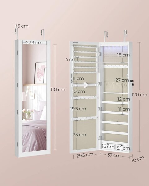 Dulap pentru bijuterii cu oglinda Model Herring, Alb/Bej, 37x10x120 cm