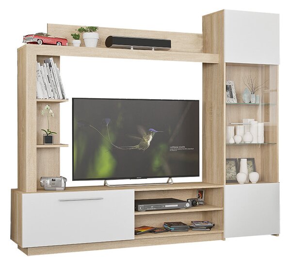 Comoda TV cu biblioteca June, Nuc - Stejar, 204x35x177 cm