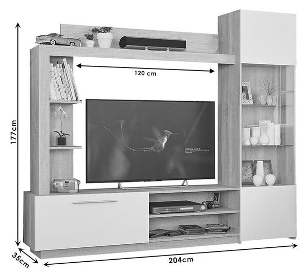 Comoda TV cu biblioteca June, Nuc - Stejar, 204x35x177 cm