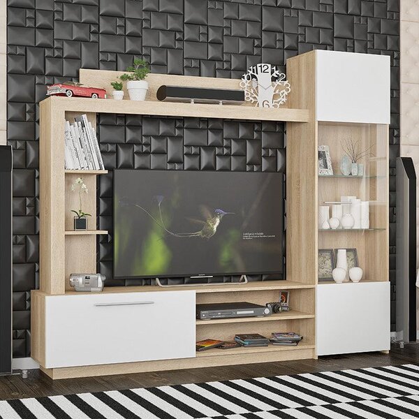 Comoda TV cu biblioteca June, Nuc - Stejar, 204x35x177 cm