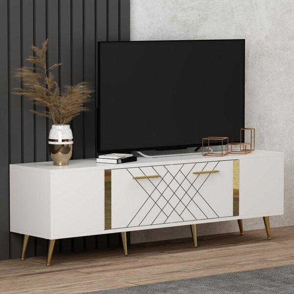 Comoda TV Salvador, Model Detas, 150x48.2x35 cm, Alb/Auriu