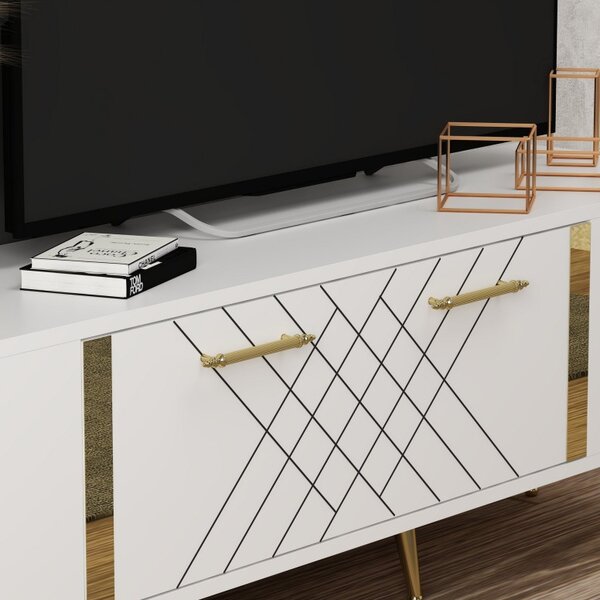 Comoda TV Salvador, Model Detas, 150x48.2x35 cm, Alb/Auriu