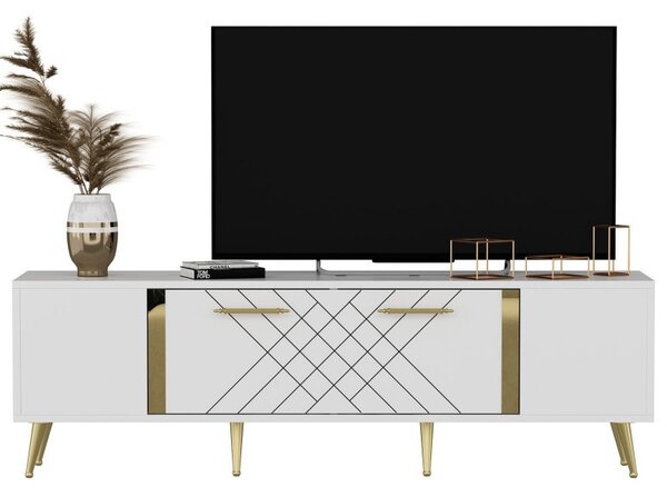 Comoda TV Salvador, Model Detas, 150x48.2x35 cm, Alb/Auriu