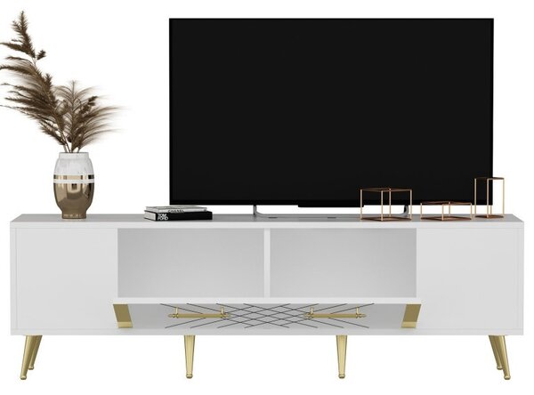 Comoda TV Salvador, Model Detas, 150x48.2x35 cm, Alb/Auriu