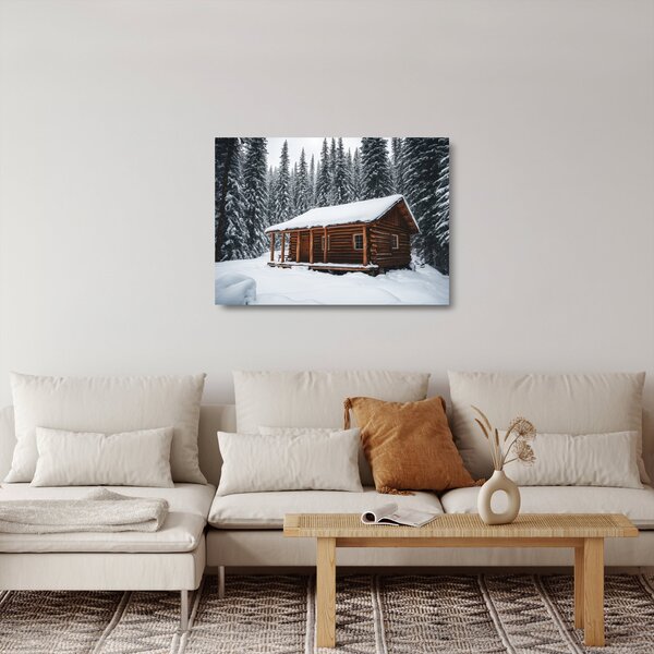 Tablou pe sticlă - Cabană acoperită de zăpadă (70x50 cm)