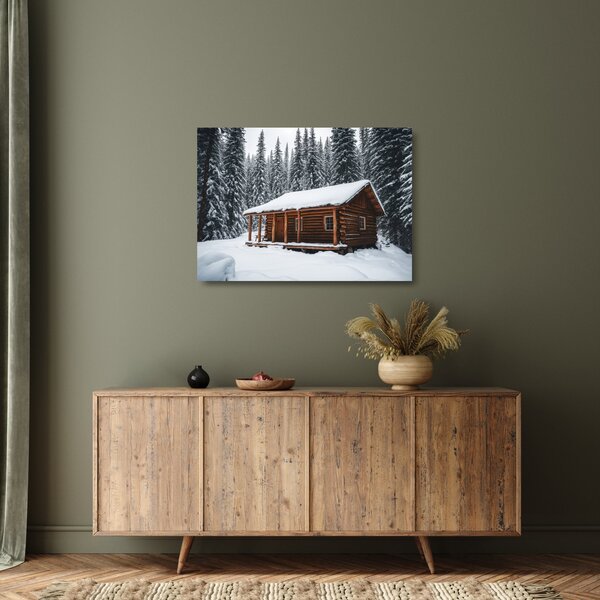 Tablou pe sticlă - Cabană acoperită de zăpadă (70x50 cm)