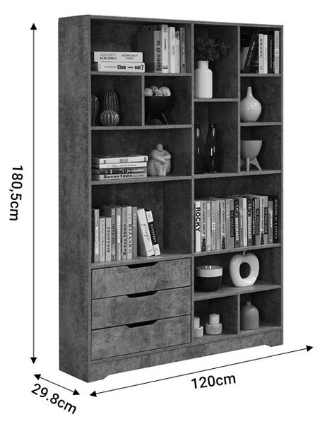 Biblioteca Lucinda Pakoworld Gri-Stejar 120x29,8x180,5 cm