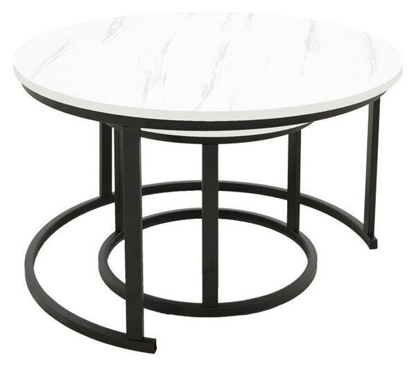 Set 2 Masute de Cafea Model Revelon, Alb marmorat/Negru, 80x80x45 cm
