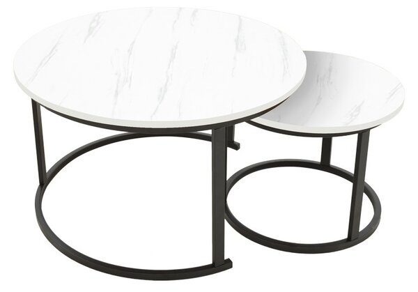 Set 2 Masute de Cafea Model Revelon, Alb marmorat/Negru, 80x80x45 cm