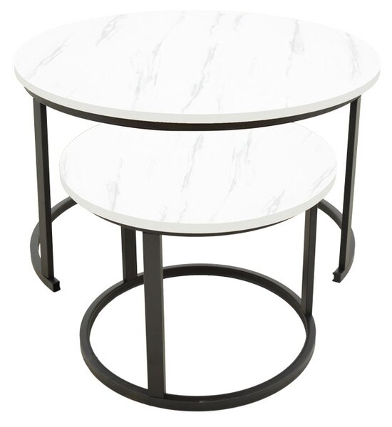 Set 2 Masute de Cafea Model Revelon, Alb marmorat/Negru, 80x80x45 cm