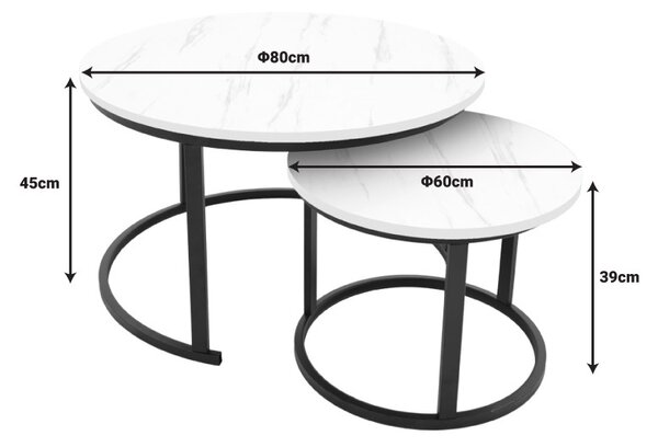 Set 2 Masute de Cafea Model Revelon, Alb marmorat/Negru, 80x80x45 cm