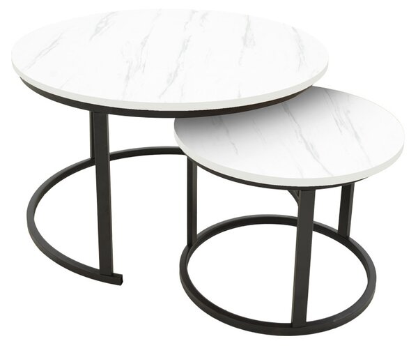 Set 2 Masute de Cafea Model Revelon, Alb marmorat/Negru, 80x80x45 cm