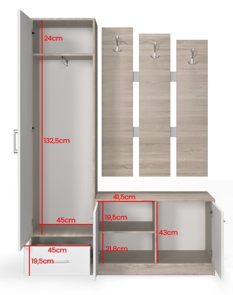 Garderobă pentru hol cu oglindă Maxi, stejar sonoma/alb