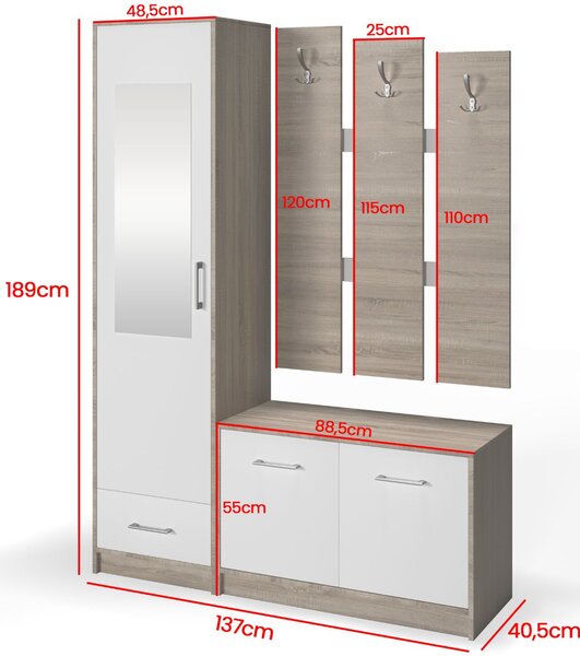 Garderobă pentru hol cu oglindă Maxi, stejar sonoma/alb