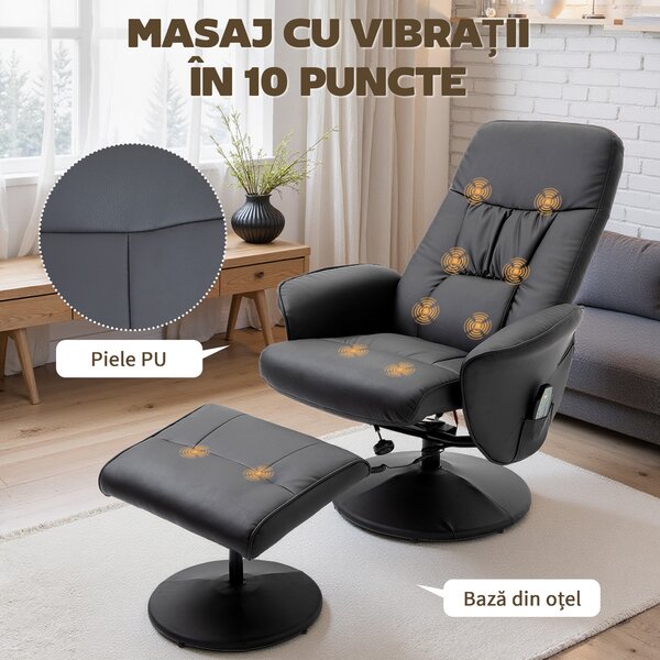 HOMCOM Fotoliu Relaxant cu Suport pentru Picioare, Reclinabil 145° cu Șezut Rotativ, cu 10 Puncte de Masaj, Negru | Aosom Romania