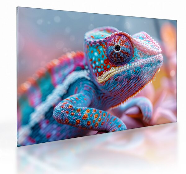 Tablou pe sticlă - Cameleon colorat (70x50 cm)