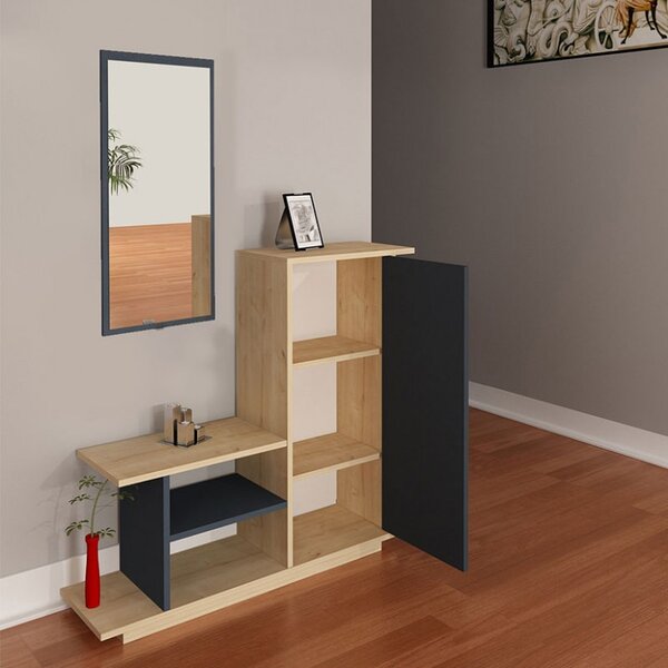 Mobilier pentru hol cu oglinda Model Ceel, Natur/Gri Inchis, 80x29.5x90 cm
