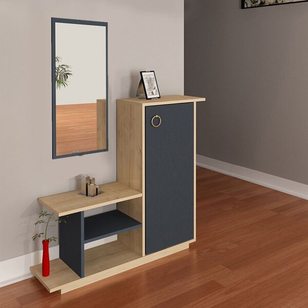 Mobilier pentru hol cu oglinda Model Ceel, Natur/Gri Inchis, 80x29.5x90 cm