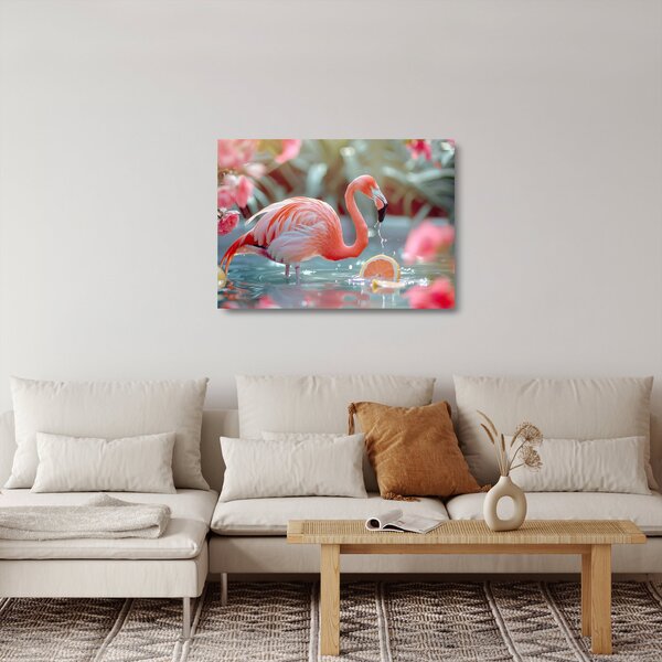 Tablou pe sticlă - Flamingo în iaz (70x50 cm)