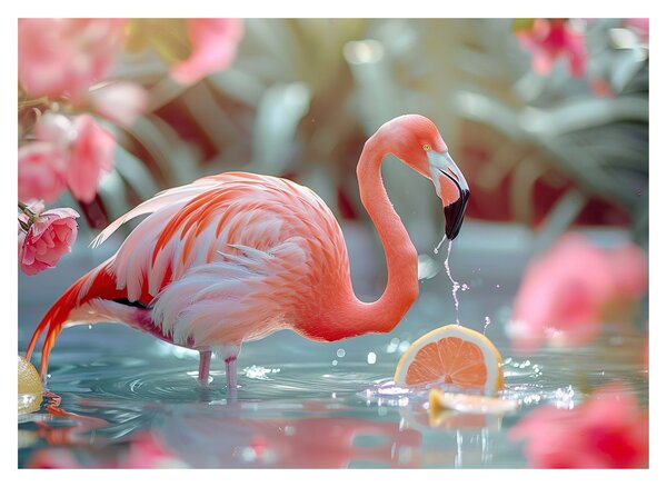 Tablou pe sticlă - Flamingo în iaz (70x50 cm)