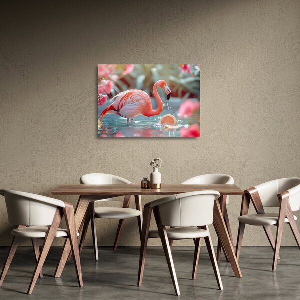 Tablou pe sticlă - Flamingo în iaz (70x50 cm)