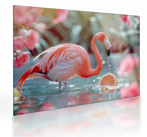 Tablou pe sticlă - Flamingo în iaz (70x50 cm)