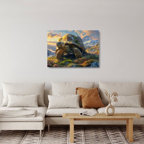 Tablou pe sticlă - Țestoasă și peisaj montan (70x50 cm)