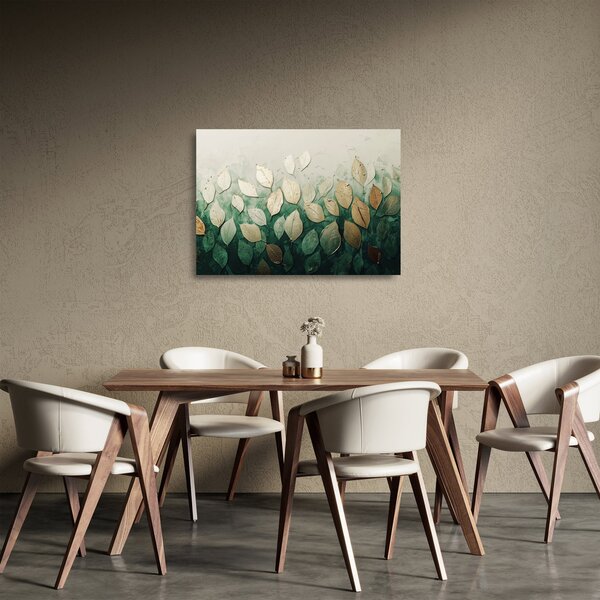 Tablou pe sticlă - Frunze verzi-aurii (70x50 cm)