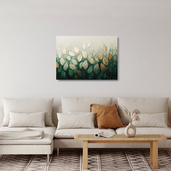 Tablou pe sticlă - Frunze verzi-aurii (70x50 cm)