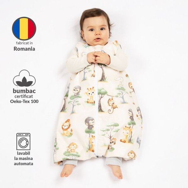 Sac de dormit de vara cu picioare pentru copii 6-18 luni Kidizi Baby Animals 0.5 tog, mansete transformabile in soseta