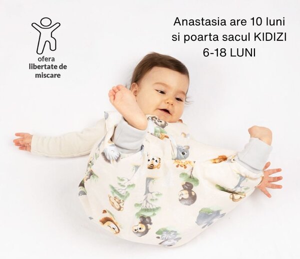 Sac de dormit de vara cu picioare pentru copii 6-18 luni Kidizi Baby Animals 0.5 tog, mansete transformabile in soseta