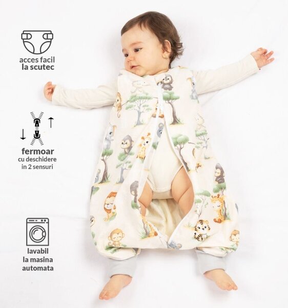 Sac de dormit de vara cu picioare pentru copii 6-18 luni Kidizi Baby Animals 0.5 tog, mansete transformabile in soseta
