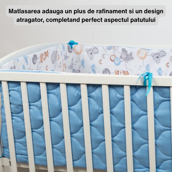Set lenjerie patut 120x60 cm 5 piese Kidizi Tiny Adventures, model matlasat, include perna, plapumioara, aparatoare si cearceaf